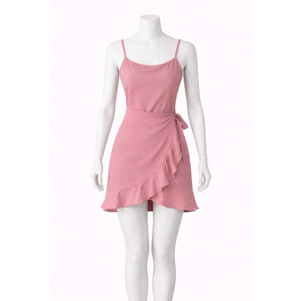 Selfie Leslie Mini Dress Wrap Ruffle L Blush Pink Open Back Strappy NWT Coquette